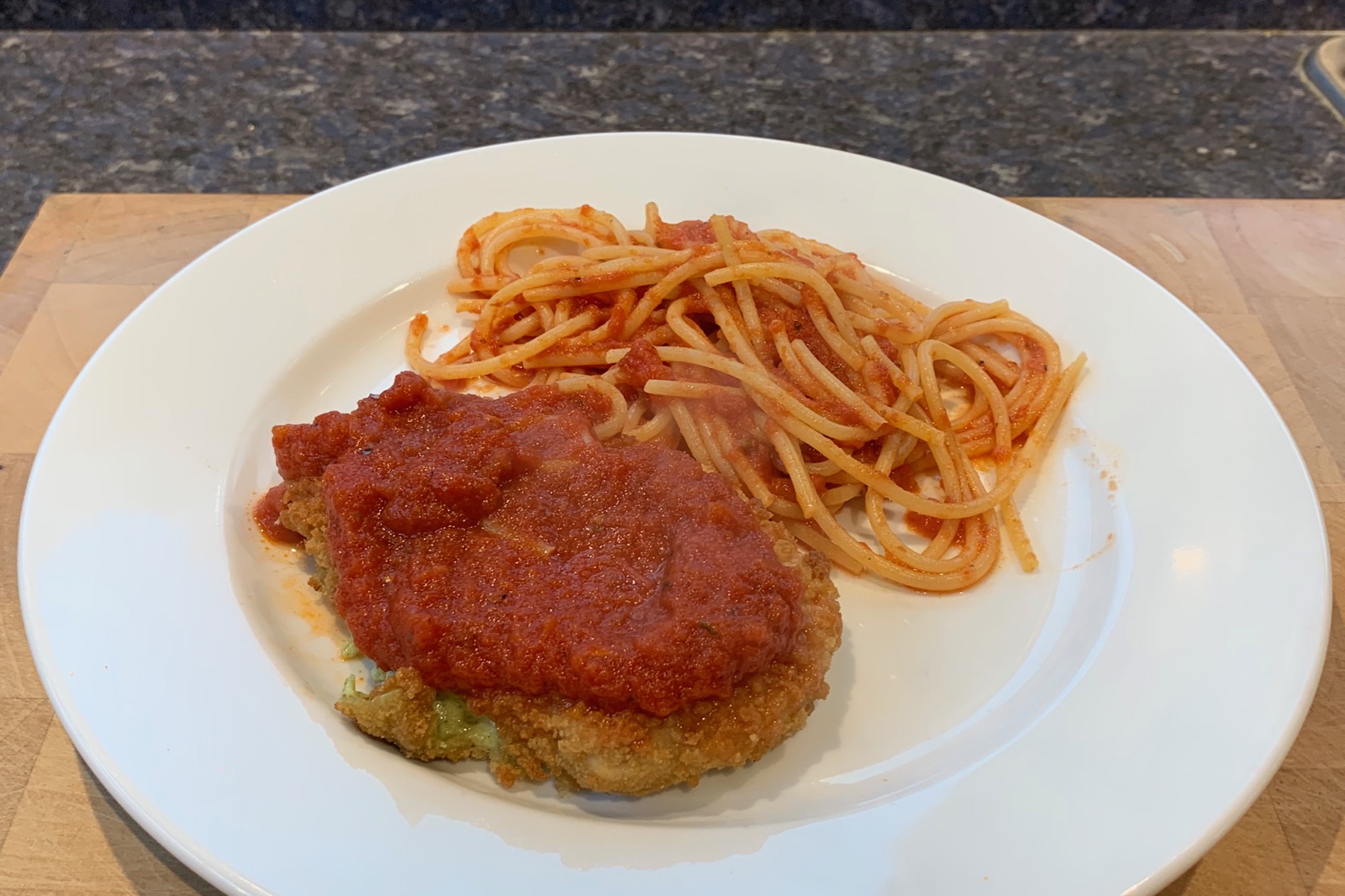 Quorn pesto and mozzarella cutlets with spaghetti - Rick's Food Blog